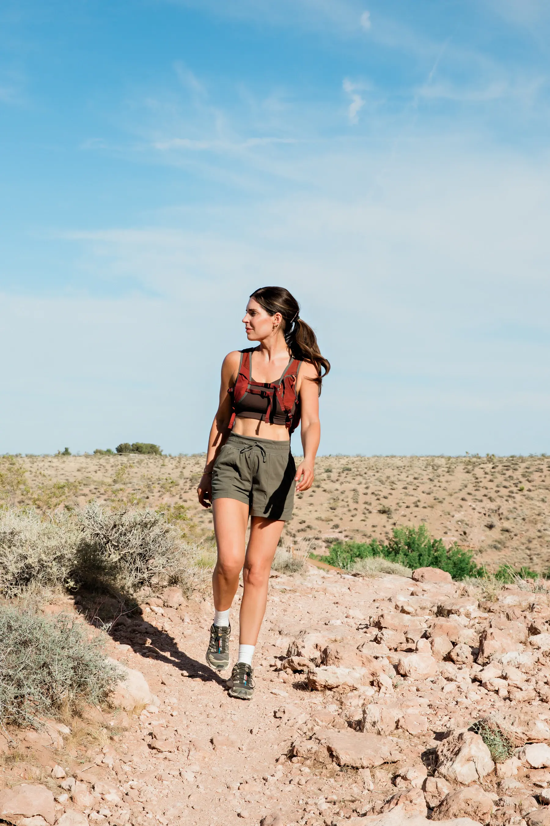 A traveler walking a sunlit trail through the desert