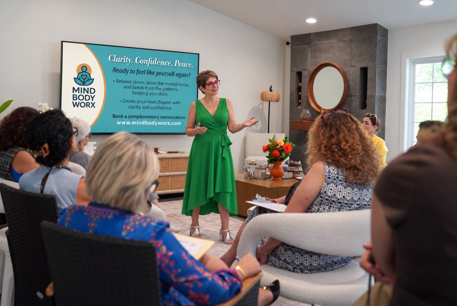 Mehri guiding a personal-development session with women seated around her